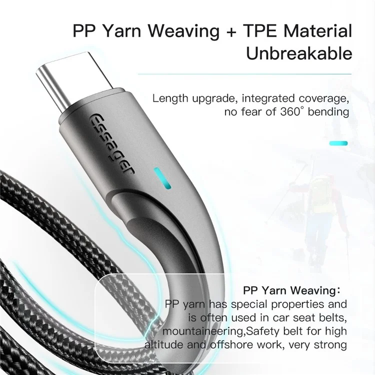 ESSAGER 3m Type C Charging Cable Nylon Braided USB to Type C 3A Fast Charging 480Mbps Transmission Cord - Black