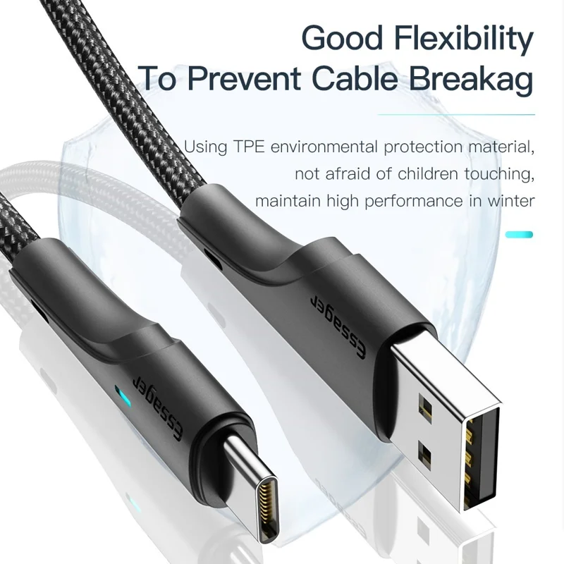 ESSAGER 2m LED Light USB to Type C Cable 3A Fast Charging 480Mbps Transmission Cord - Black