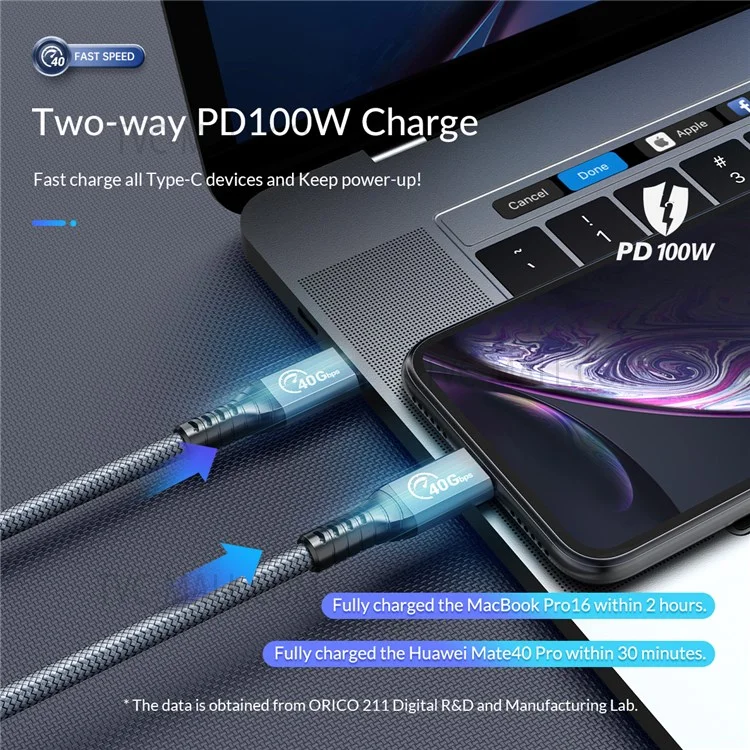 ORICO ORICO-TBZ4-20 2m Thunderbolt 4 Laptop Smartphone Type C Cable 40Gbps Data Transmission Cable 100W Fast Charging and 8K 60Hz Video Transfer Cord