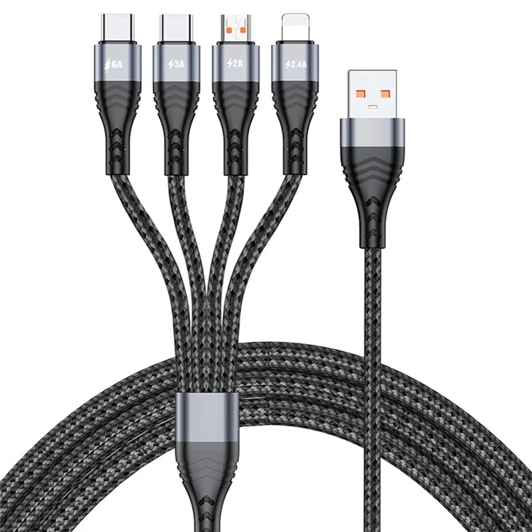 For iPhone 15 Series 2m 4-in-1 66W 6A 4-Output Fast Charging Charging Cable USB to 8Pin+Micro USB+Dual Type-C Braided Cable Adapter - Grey