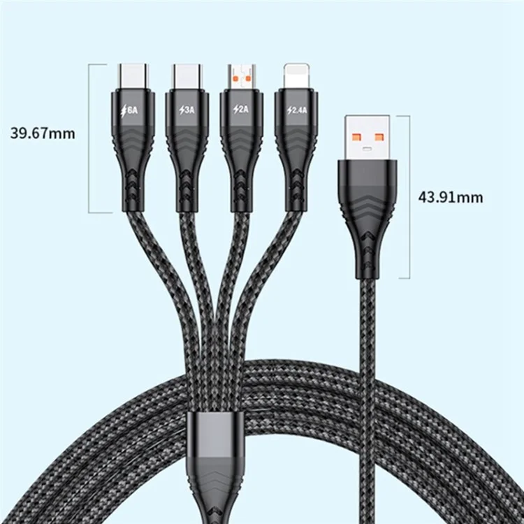 For iPhone 15 Series 2m 4-in-1 66W 6A 4-Output Fast Charging Charging Cable USB to 8Pin+Micro USB+Dual Type-C Braided Cable Adapter - Grey