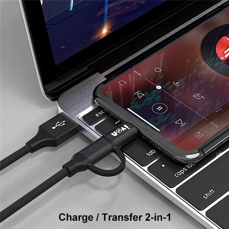 Ivon CA52 1m 2.4A Cable de Cargador USB al Cable de Datos Micro USB Tipo c+ - Negro