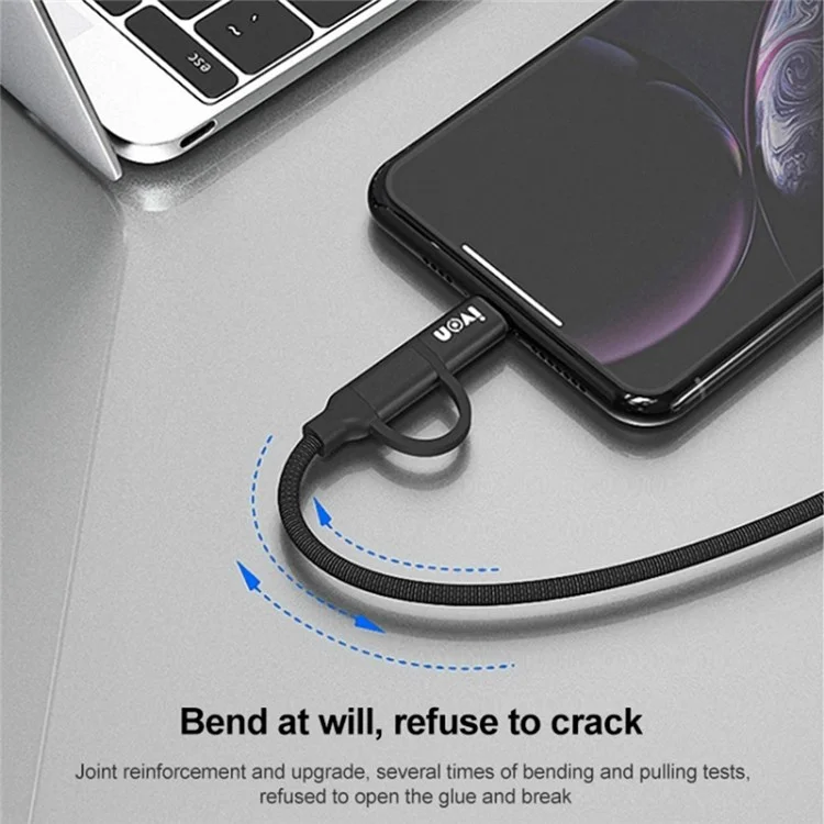 Ivon CA52 1m 2.4A Cable de Cargador USB al Cable de Datos Micro USB Tipo c+ - Negro