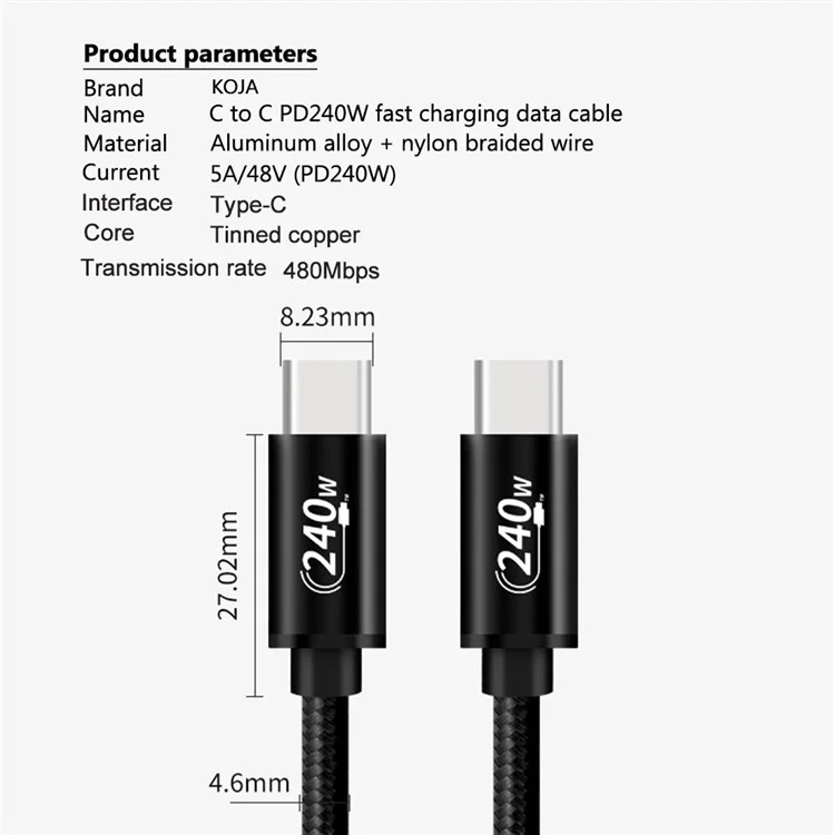 Koja 1m Nylon Trançado 240w USB C Para USB C Cabo Para Imac/macbook Tipo C Cabo de Carregamento Rápido 480Mbps Taxa de Transferência