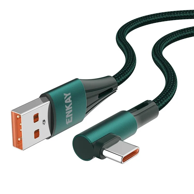 ENKAY HAT PRINCE 2m 66W 6A Super Fast Charging Braided Cable Android Phone USB to Elbow Type-C Data Cord - Green