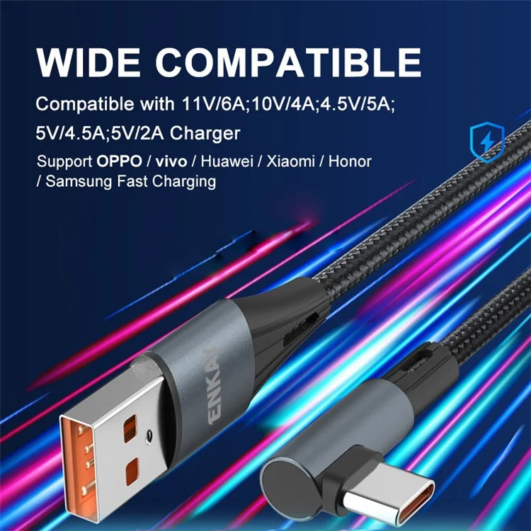 Enkay Hat Prince 2m 66W 6A Cable de Carga Trenzada de Carga Súper Rápida USB USB al Codo Cable de Datos Tipo-c - Verde