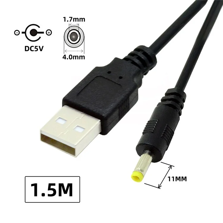 U2-067-4017MM 150cm 24AWG USB to DC Power Cord USB 2.0 Male Type-A to 5V DC 4.0x1.7mm DC Power Round Plug Cable