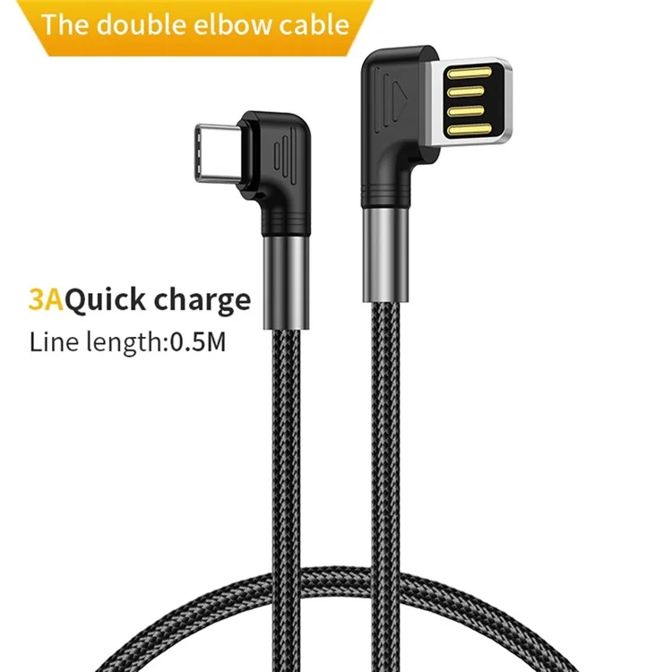 0.5m 3A Nilón de Carga Rápida Cable USB USB al Cable de Datos de Codo de 90 Grados Tipo c