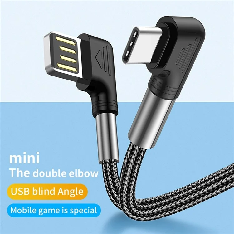 1m USB a Type-C 90 Grados Cable de Datos de Codo 3A Nilón de Carga Rápida Cable Trenzado