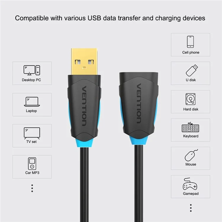 VENTION CBCBH 2m 480Mbps Data Cable for Xbox One PC Smart TV USB 2.0 Extension Cable, Black