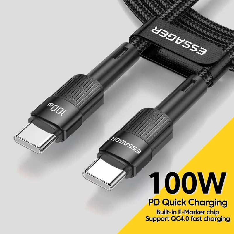 ESSAGER 2m Super Long USB C PD 100W Fast Charging Charge Cord 480Mbps Data Transmission Cable - Black