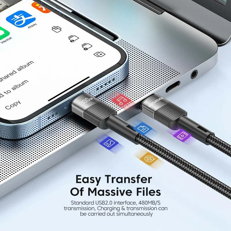 ESSAGER 2m Super Long USB C PD 100W Fast Charging Charge Cord 480Mbps Data Transmission Cable - Black