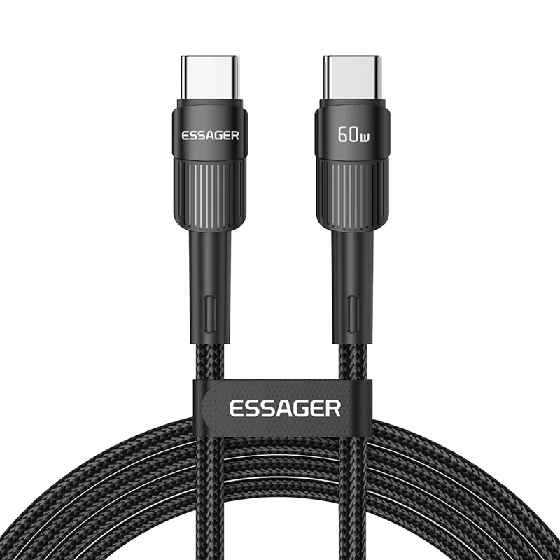 ESSAGER 3m PD 60W Type-C to Type-C Fast Charging Cable 480Mbps Data Transfer Braided Cord - Black