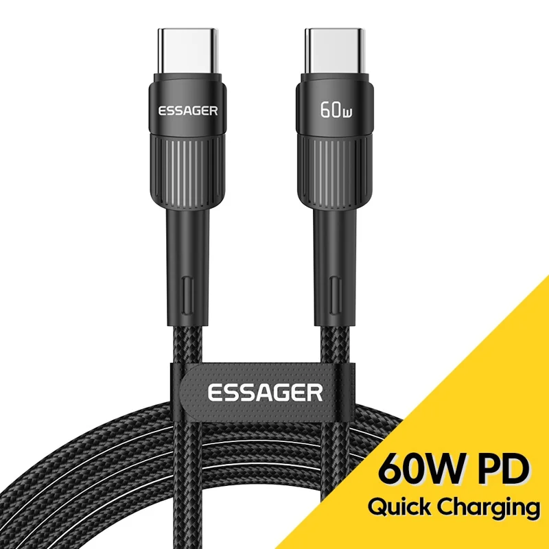 ESSAGER 3m PD 60W Type-C to Type-C Fast Charging Cable 480Mbps Data Transfer Braided Cord - Black