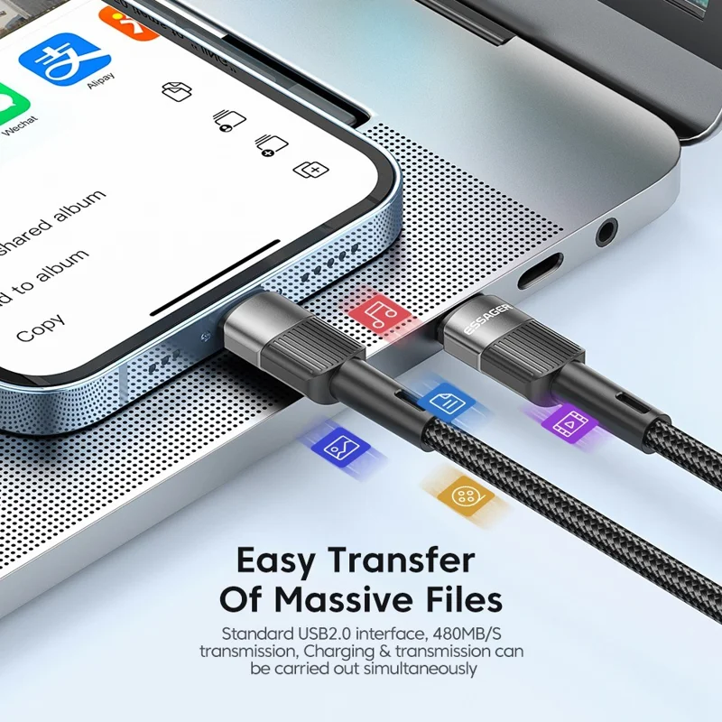 ESSAGER 3m PD 60W Type-C to Type-C Fast Charging Cable 480Mbps Data Transfer Braided Cord - Black