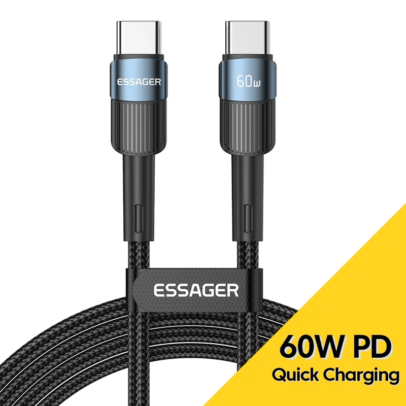 Essager 2m PD 60W Type-C Mâle à Mâle de Type c Câble de Charge Rapide 480 Mbps Cordon de Données - Bleu