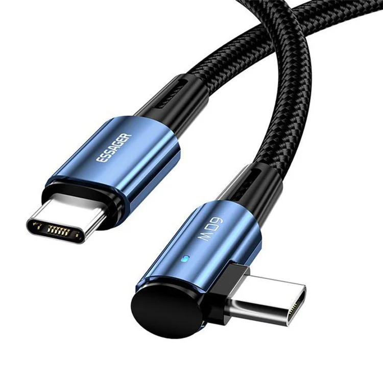 ESSAGER ChenGuang 2m 60W Type-C to Type-C Elbow Cable Fast Charging 480Mbps Braided Data Cord - Blue