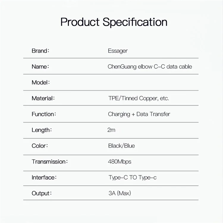 ESSAGER ChenGuang 2m 60W Type-C to Type-C Elbow Cable Fast Charging 480Mbps Braided Data Cord - Blue