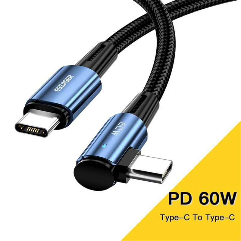 ESSAGER ChenGuang 1m 60W Type-C Male to Type-C Male Elbow Cable Fast Charging Data Cord - Blue
