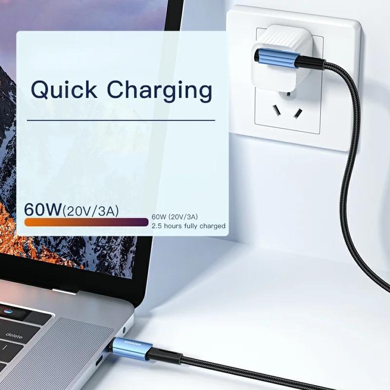ESSAGER ChenGuang 1m 60W Type-C Male to Type-C Male Elbow Cable Fast Charging Data Cord - Blue
