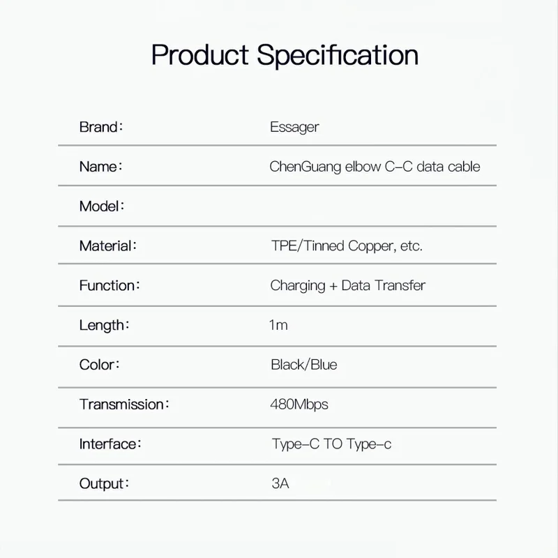 ESSAGER ChenGuang 1m 60W Type-C Male to Type-C Male Elbow Cable Fast Charging Data Cord - Blue