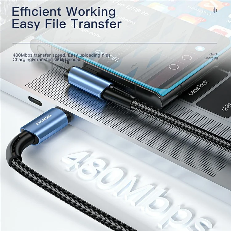 ESSAGER Chenguang 2m 100W Type-c-c to Type-c Câble Tressé du Coude 5A Charge Rapide de 480 Mbps Cordon de Données - Bleu