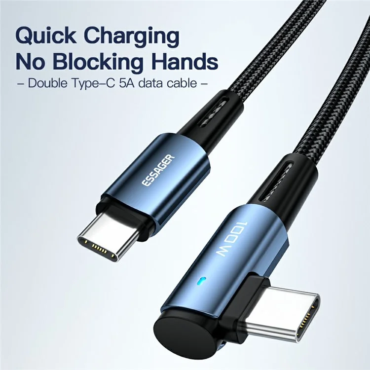 ESSAGER ChenGuang 1m 100W Type-C Male to Type-C Male Elbow Cable 5A Fast Charging Braided Data Cord - Blue