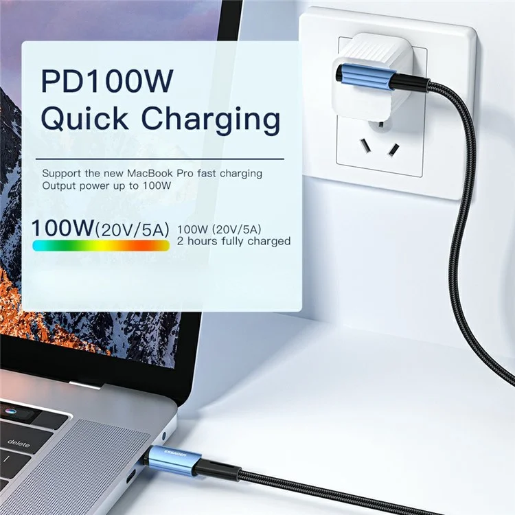 ESSAGER ChenGuang 1m 100W Type-C Male to Type-C Male Elbow Cable 5A Fast Charging Braided Data Cord - Blue