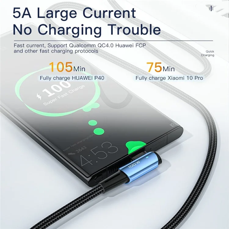 ESSAGER ChenGuang 1m 100W Type-C Male to Type-C Male Elbow Cable 5A Fast Charging Braided Data Cord - Blue