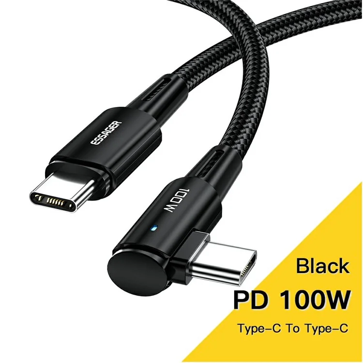 ESSAGER ChenGuang 3m 100W Type-C to Type-C Elbow 5A Laptop Phone Fast Charging Cable Braided Data Cord