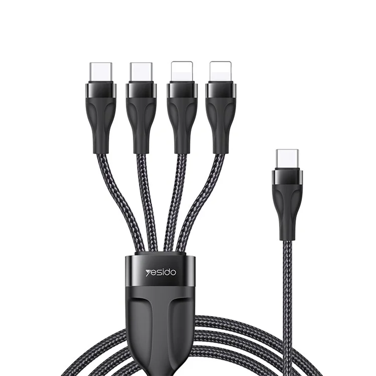 YESIDO CA110 4 in 1 Charging Cord Type-C to Type-C*2+Lightning*2 Nylon Braided Cell Phone Cable