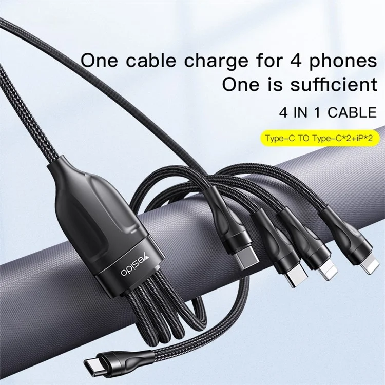 YESIDO CA110 4 in 1 Charging Cord Type-C to Type-C*2+Lightning*2 Nylon Braided Cell Phone Cable
