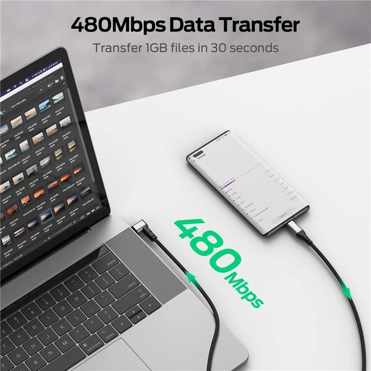 2m PD 100W Magnetic Adsorption Type-C Plug Fast Charging Elbow Cable USB 2.0 Type-C Braided Data Cord