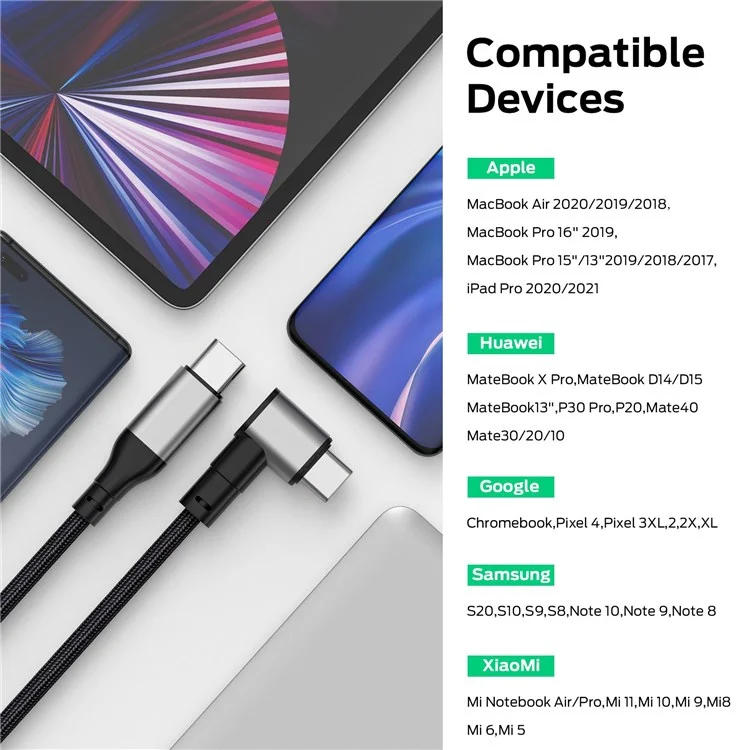 2m PD 100W Magnetic Adsorption Type-C Plug Fast Charging Elbow Cable USB 2.0 Type-C Braided Data Cord