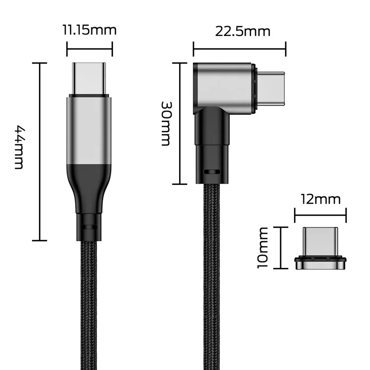 2m PD 100W Magnetic Adsorption Type-C Plug Fast Charging Elbow Cable USB 2.0 Type-C Braided Data Cord
