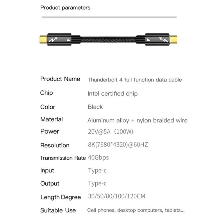 0.8m Thunderbolt 4 USB 4 Nylon Braided Type-C Cable 40Gbps Data Cord 8K@60Hz Support PD 100W Fast Charging