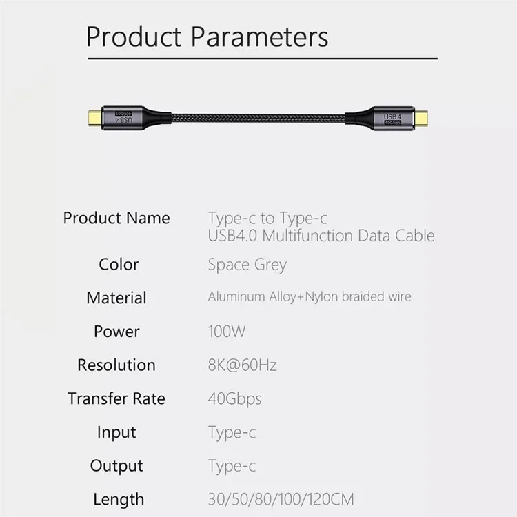 0.8m 40Gbps USB 4.0 Thunderbolt 3 Type C Data Cord 8K@60Hz PD 100W Fast Charging Cable