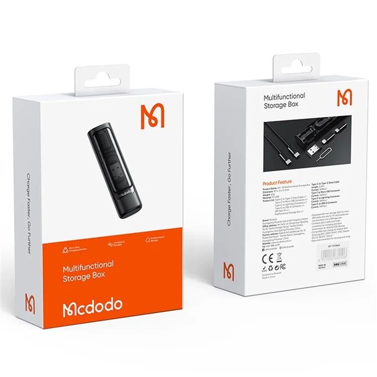 MCDODO WF-1720 Nano Series Multifunctional Fast Charging Data Cable Storage Box Set mit Adapter, Auswurfstift, Kartensteckplatz für Huawei, Xiaomi, Samsung - Schwarz