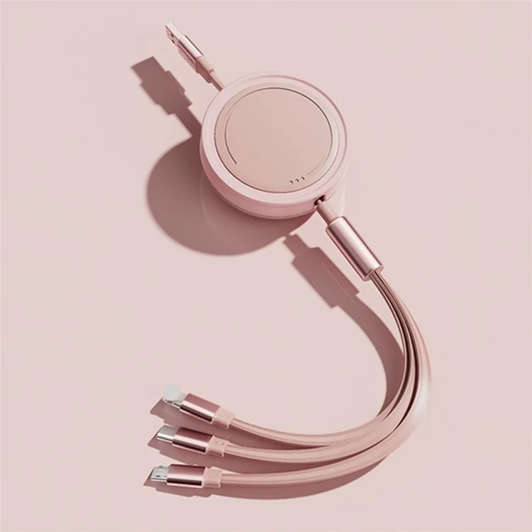 3 in 1 Type-C / Lightning / Micro USB Retractable Data Cable 66W Fast Charging Cord - Pink