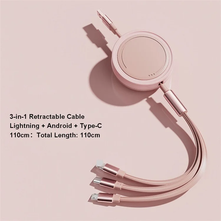 3 in 1 Type-C / Lightning / Micro USB Retractable Data Cable 66W Fast Charging Cord - Pink