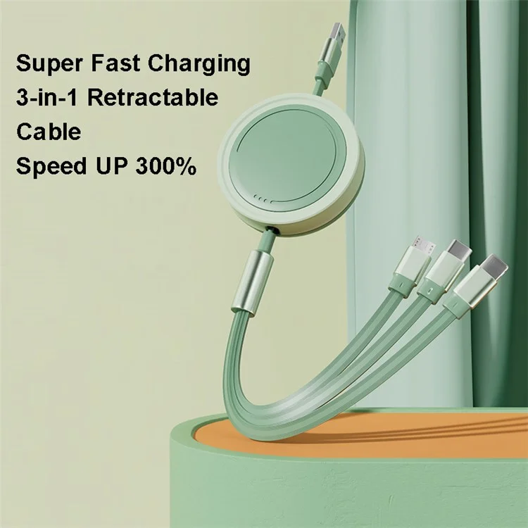 3 in 1 Type-C / Lightning / Micro USB Retractable Data Cable 66W Fast Charging Cord - Pink