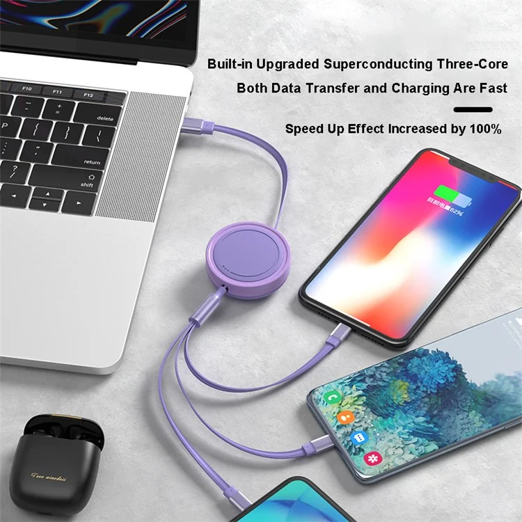 3 in 1 Type-C / Lightning / Micro USB Retractable Data Cable 66W Fast Charging Cord - Pink
