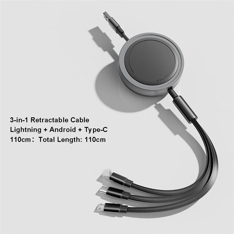 Cable de datos retráctil 3 en 1 Tipo-C / Lightning / Micro USB 66W Carga rápida - Negro / Gris