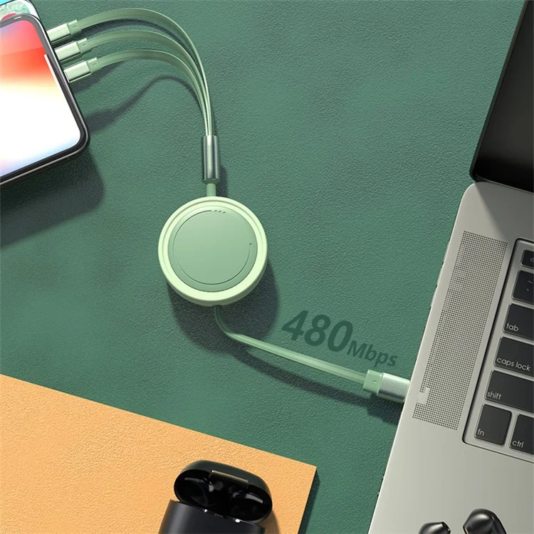 Cable de datos retráctil 3 en 1 Tipo-C / Lightning / Micro USB 66W Carga rápida - Negro / Gris