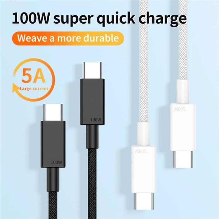 PD 2m PD 100W Cable Cella Cella Cella a Cavo Alta Vied Pelle Pattruttura Perchità USB C Cordo di Carica - Nero