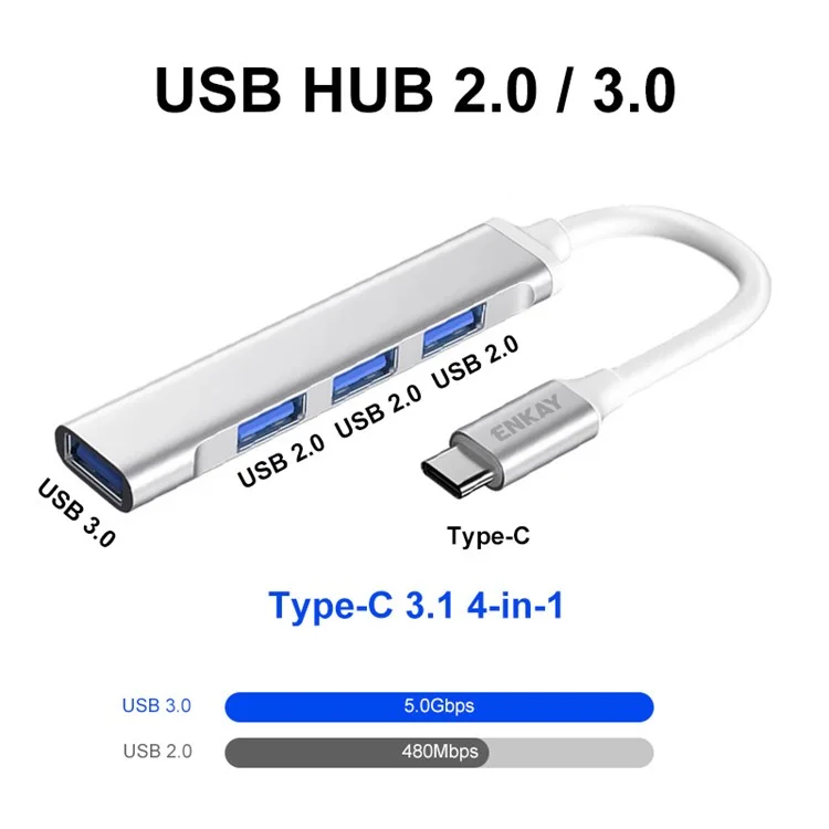 ENKAY HAT PRINCE ENK-AT114 Adaptador Hub Multi-Porta 4 em 1 USB3.0 Extensor Estação de Acoplamento Type-C com USB3.0 + 3 USB2.0