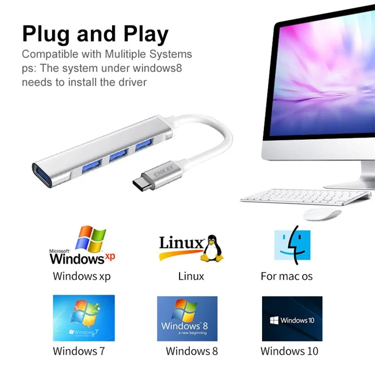 ENKAY HAT PRINCE ENK-AT114 Adaptador Hub Multi-Porta 4 em 1 USB3.0 Extensor Estação de Acoplamento Type-C com USB3.0 + 3 USB2.0