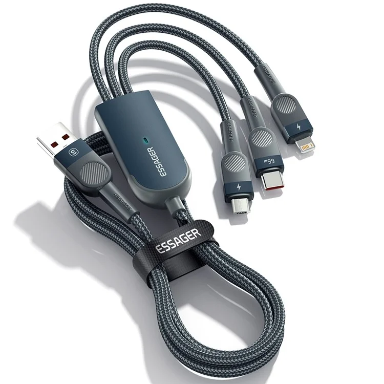 ESSAGER 1.2m 3 in 1 Micro / Type-C / Lightning Data Cable 66W Fast Charging Cord - Blue