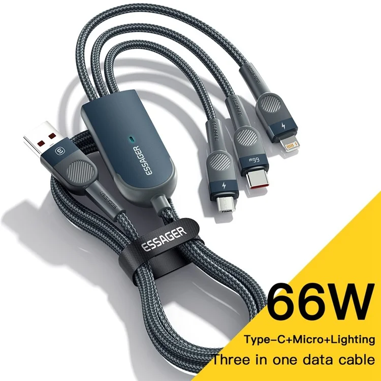 ESSAGER 1.2m 3 in 1 Micro / Type-C / Lightning Data Cable 66W Fast Charging Cord - Blue