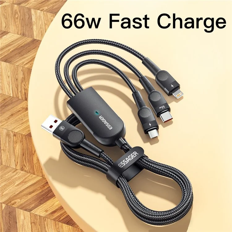 ESSAGER 1.2m 3 in 1 Micro / Type-C / Lightning Data Cable 66W Fast Charging Cord - Blue